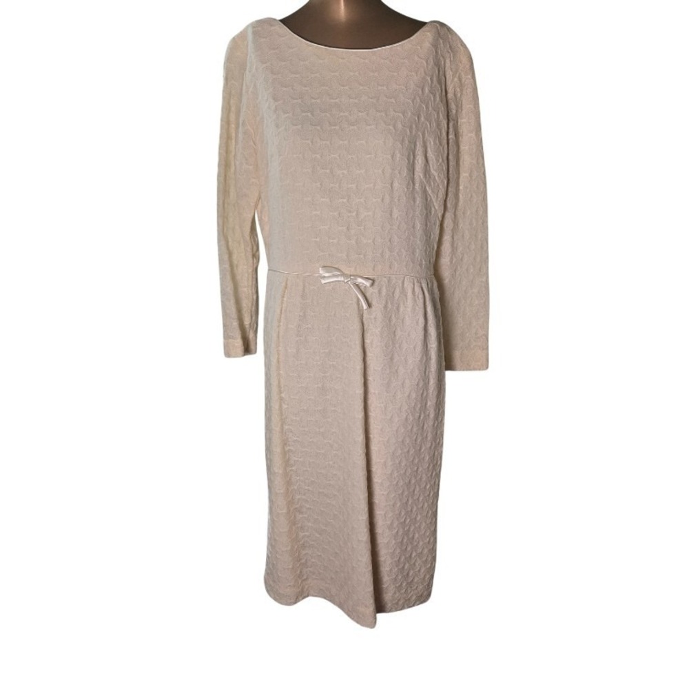 Vtg 70s Girlhoodcore ILGWU‎ Bow Detail cream textured knit midi dress  size 18